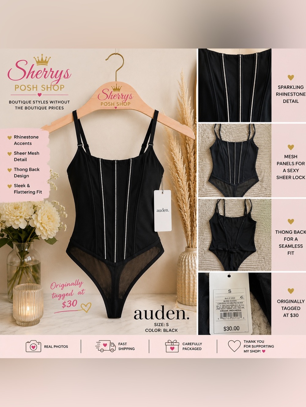 NWT WOMENS Auden Black Rhinestone Mesh Bodysuit S Sheer Thong Lingerie Top